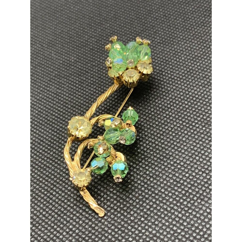 CASTLECLIFF Brooch Emerald Aurora Borealis With Crystal Danglers 3" RARE Vintage